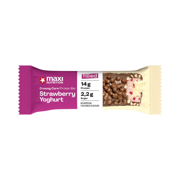 Maxi Nutrition Creamy Core Protein Bar Strawberry Yoghurt, 45g Produktbild, Vorderseite der Verpackung